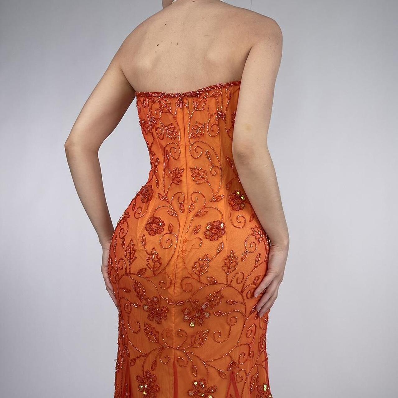 Beautiful Rare Vintage Orange Delicate Floral Sequin Beaded Backless Long Tulle Chiffon Ball Gown Evening Dress Prom Dress Birthday Party Dress gh3806