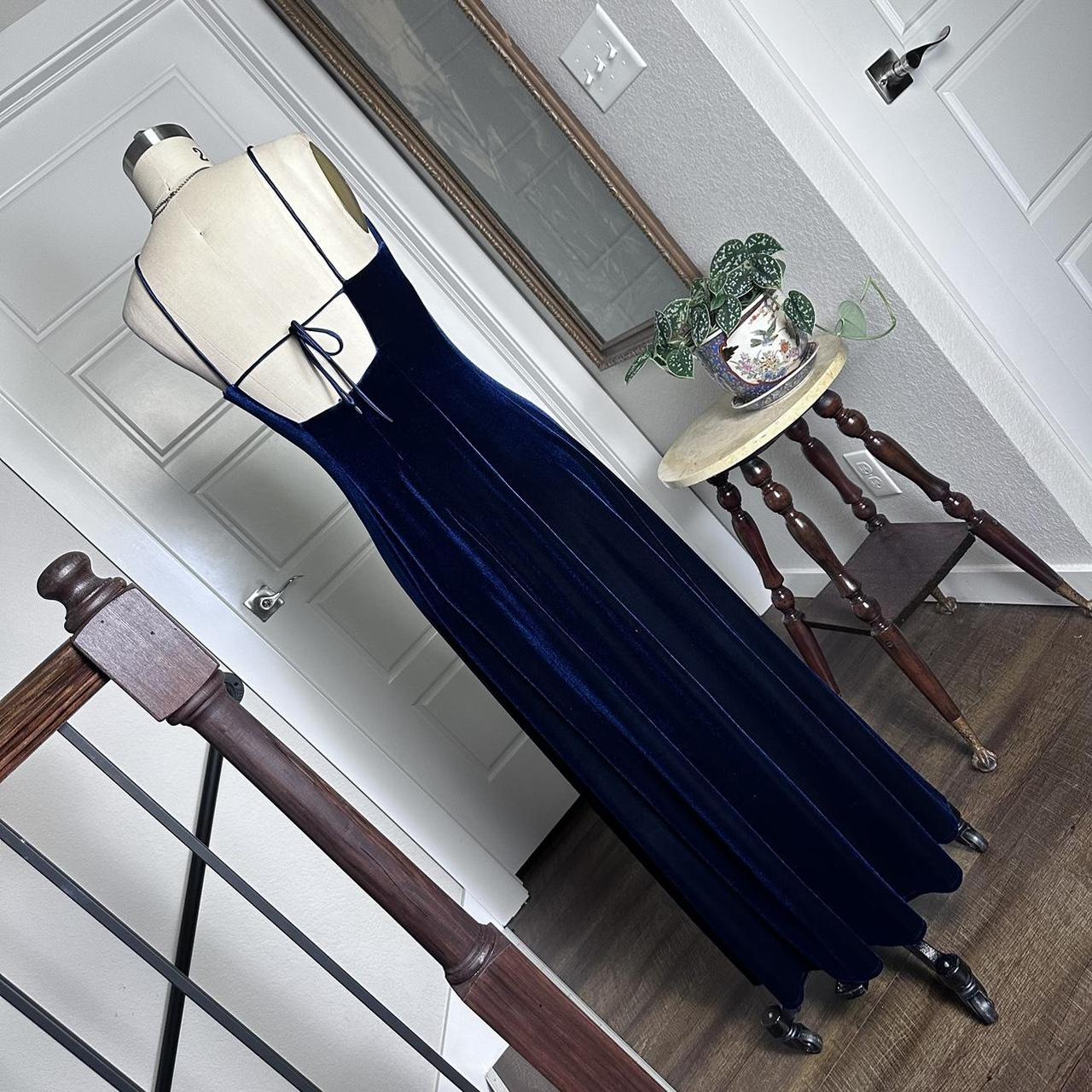 Dark Blue Vintage 90s Velvet Boat Neck Beaded Gown Long Prom Dress Evening Gown Party Dress gh4342