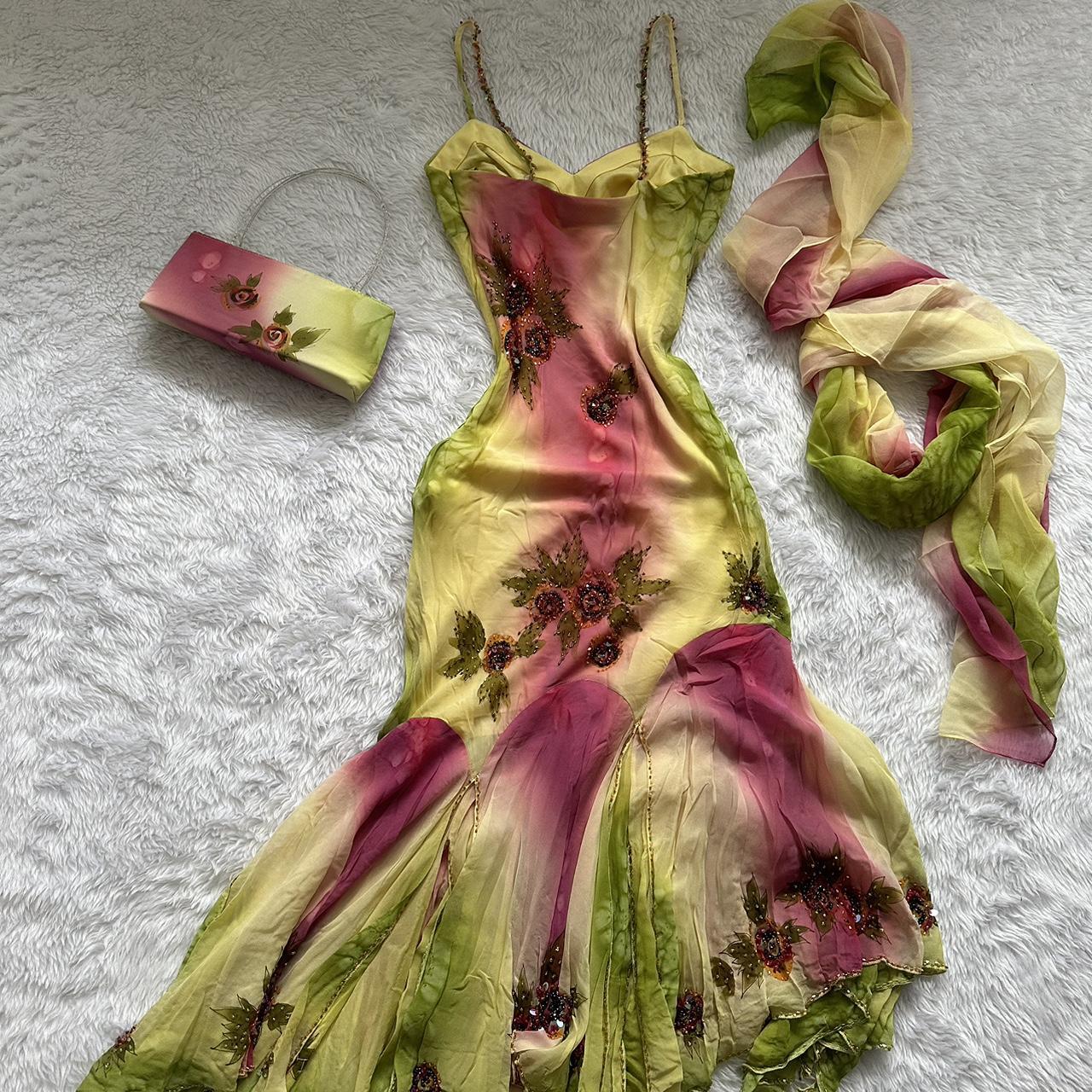 Pink Green Gradient Fashion Elegant Exquisite Beaded Spaghetti Strap Chiffon Long Ruffled Ball Gown Evening Dress Party Dress Prom Dress gh3620
