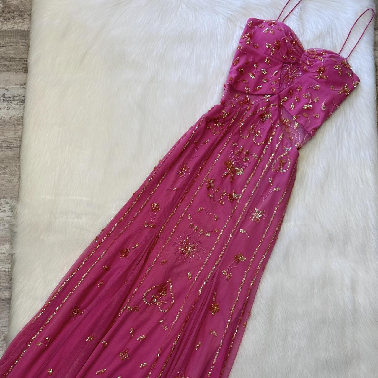 Stunning Rare Hot Pink Vintage Fashion Elegant Delicate Floral Sequin Long Chiffon Sequin Ball Gown Evening Dress Birthday Party Dress Fairy Dress Homecoming Dress Wedding Guest Dress Prom Dress gh3810