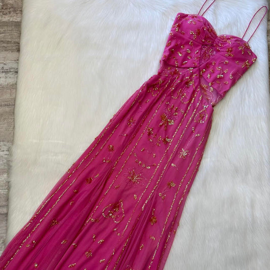 Stunning Rare Hot Pink Vintage Fashion Elegant Delicate Floral Sequin Long Chiffon Sequin Ball Gown Evening Dress Birthday Party Dress Fairy Dress Homecoming Dress Wedding Guest Dress Prom Dress gh3810