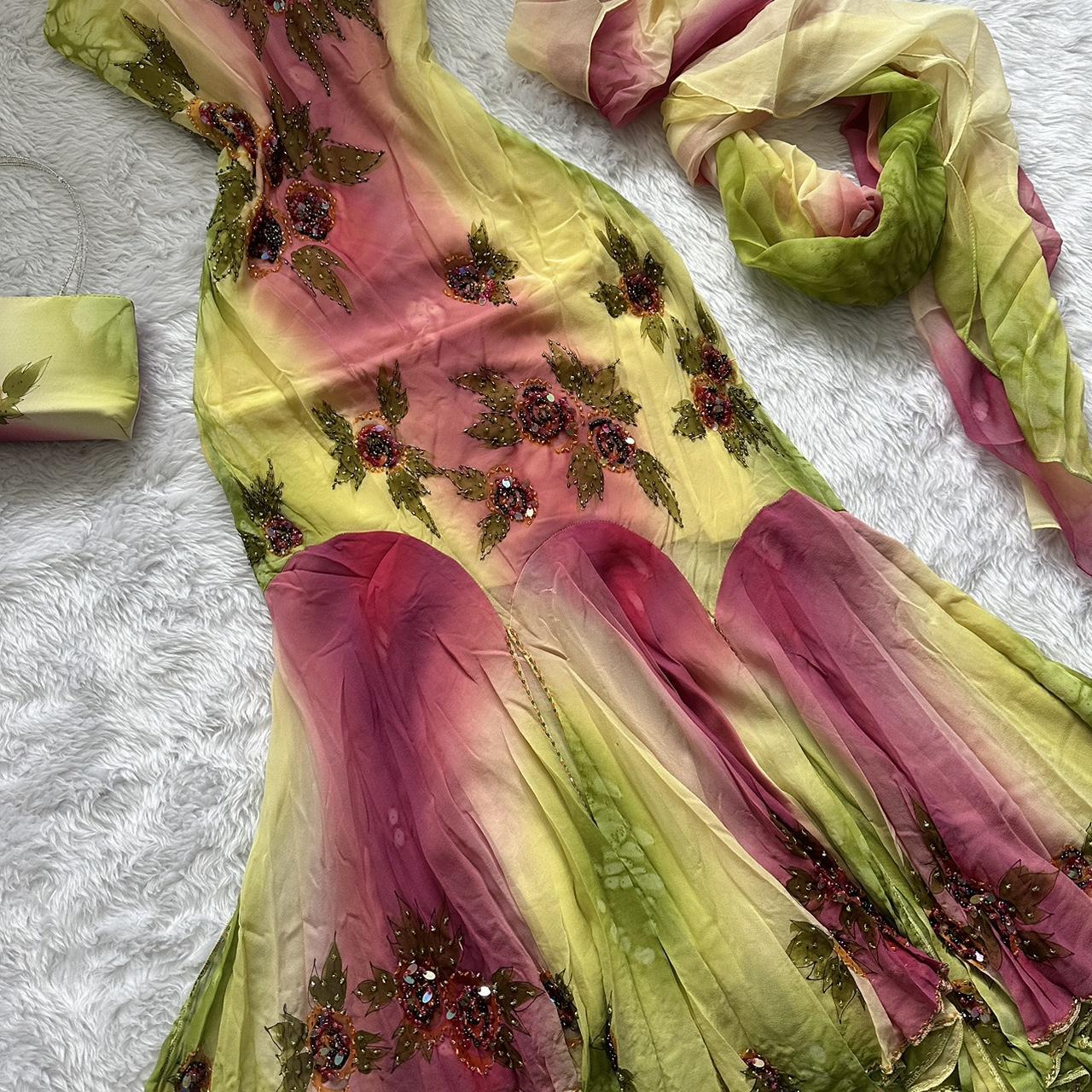 Pink Green Gradient Fashion Elegant Exquisite Beaded Spaghetti Strap Chiffon Long Ruffled Ball Gown Evening Dress Party Dress Prom Dress gh3620