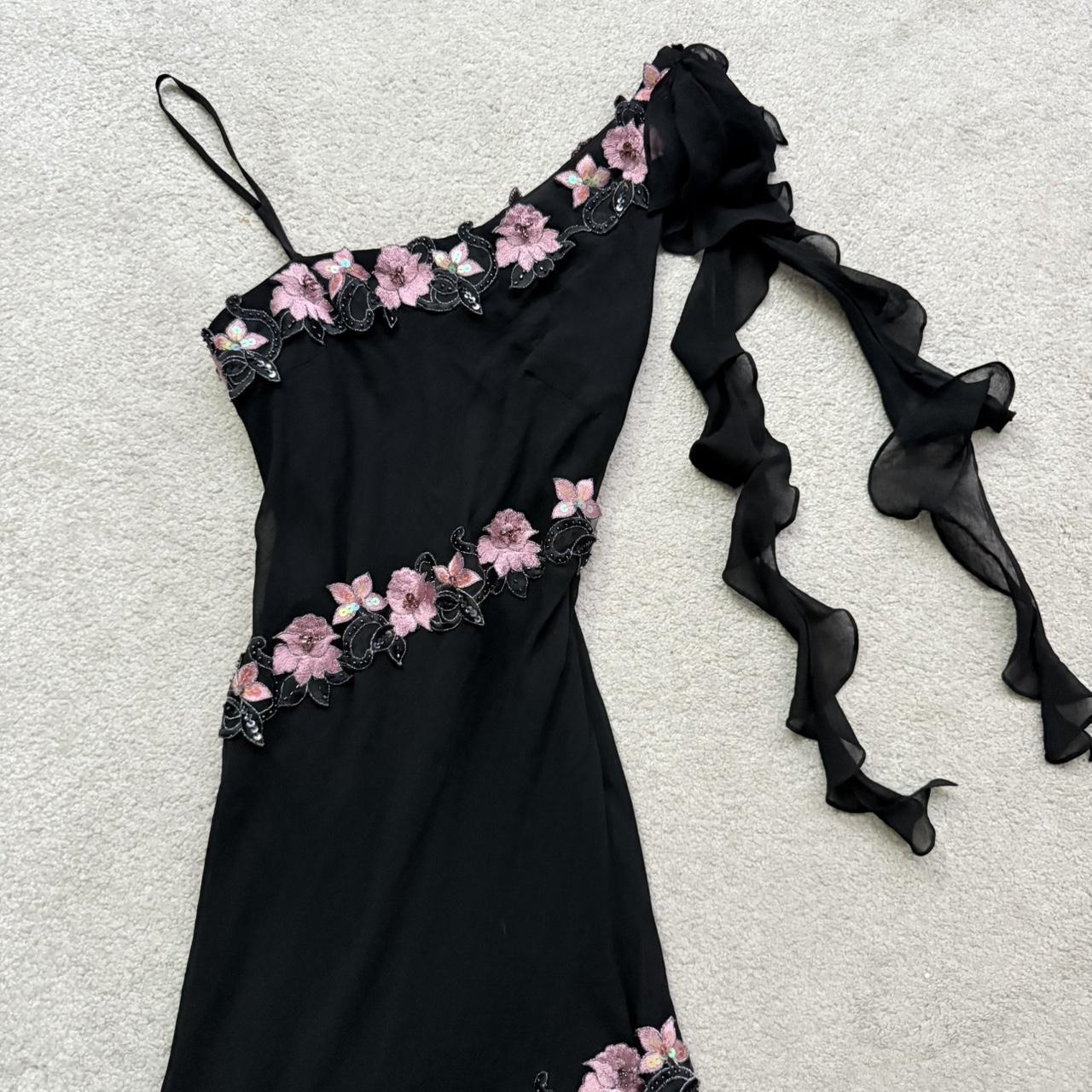 Black Gorgeous Elegant Delicate Pink Embroidered Appliqué Beaded One Shoulder Long Chiffon Ruffled Sequin Ball Gown Birthday Party Dress Evening Gown Prom Gown Holiday Date Night Gown gh4108