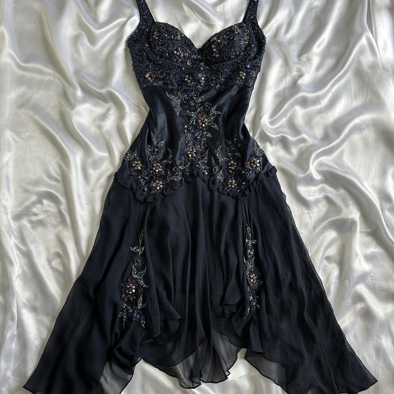 Dark Fairy Retro Navy Blue Fashion Elegant Beautiful Exquisite Gemstone Beaded Mid-Length Chiffon Ruffles Handmade Custom Prom Dress Evening Dress Party Dress Prom Dress gh3750