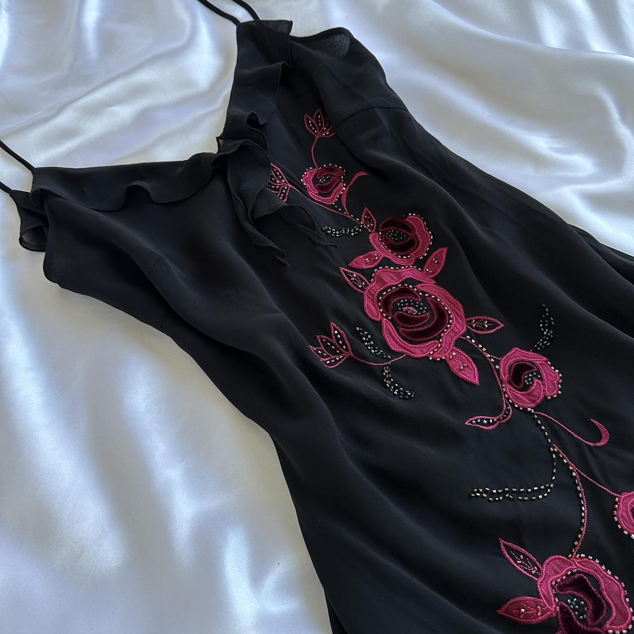 Black Elegant Delicate Red Rose Floral Beaded Long Chiffon Ball Gown Evening Dress Party Dress Prom Dress gh3691