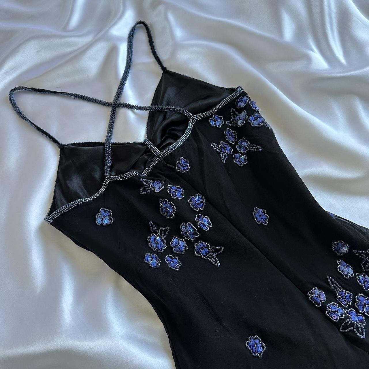 Black gorgeous shiny beautiful stylish unique elegant exquisite blue floral beading long chiffon ball gown evening dress party dress gh3563