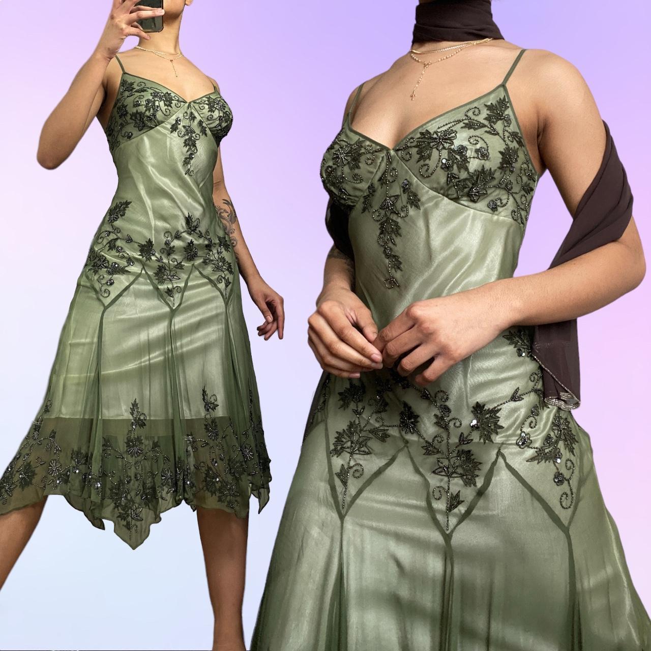 Green Beautiful Stunning Vintage Gorgeous Fashion Elegant Exquisite Beading Midi/Short Asymmetrical Chiffon Flowing Ball Gown Evening Dress Birthday Wedding Guest/Birthday Party Dress Prom Dress gh4017