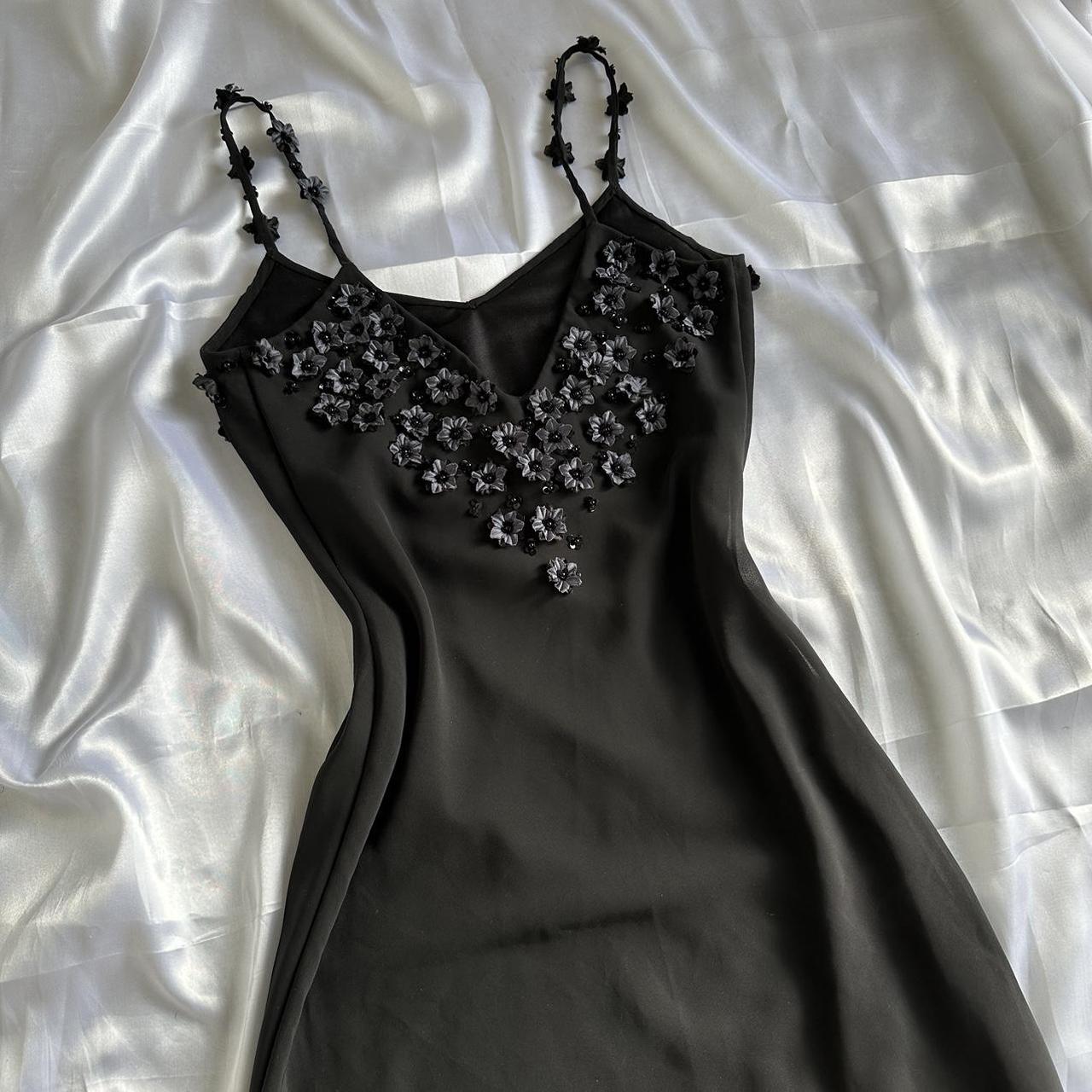 Black Beautiful Vintage Elegant Exquisite Floral Beading 3D Flower Applique Asymmetric Ruffle Dress Midi Chiffon Homecoming Dress Prom Dress Evening Dress Party Dress Graduation Dress gh3940