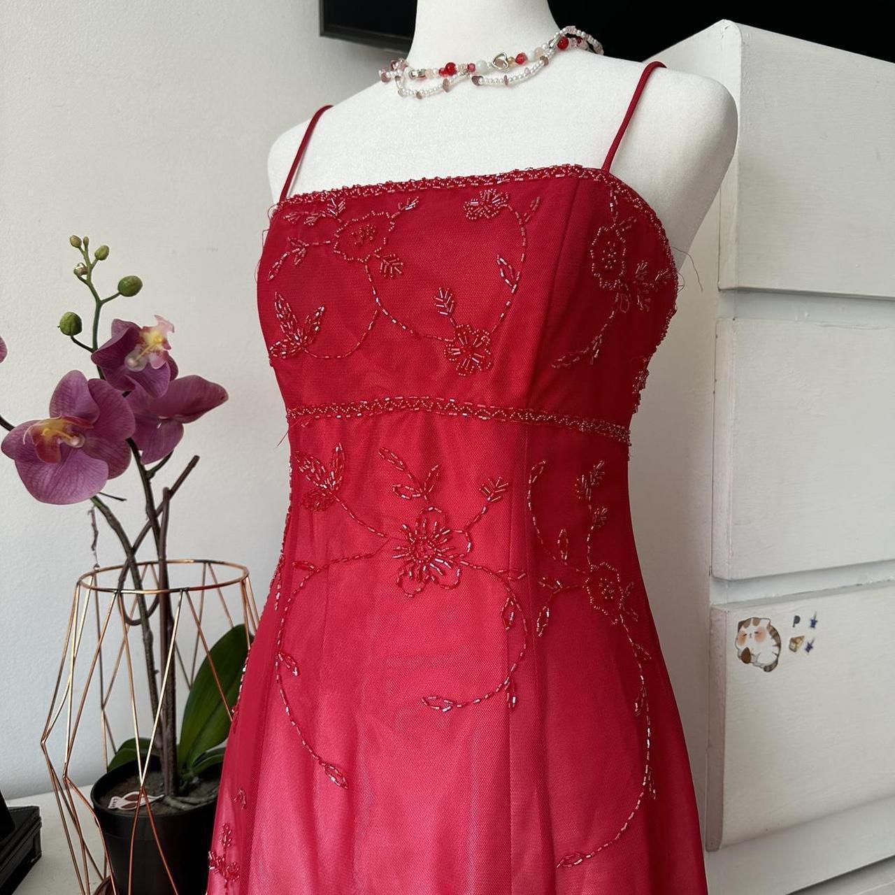 Red Pink Gradient Retro Shiny Fashion Stunning Elegant Delicate Floral Beaded Backless Lace Up Long Tulle Formal Prom Dress Evening Gown Birthday Party Gown Prom Gown Graduation Gown gh3887