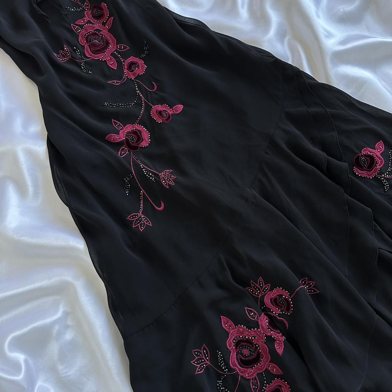Black Elegant Delicate Red Rose Floral Beaded Long Chiffon Ball Gown Evening Dress Party Dress Prom Dress gh3691