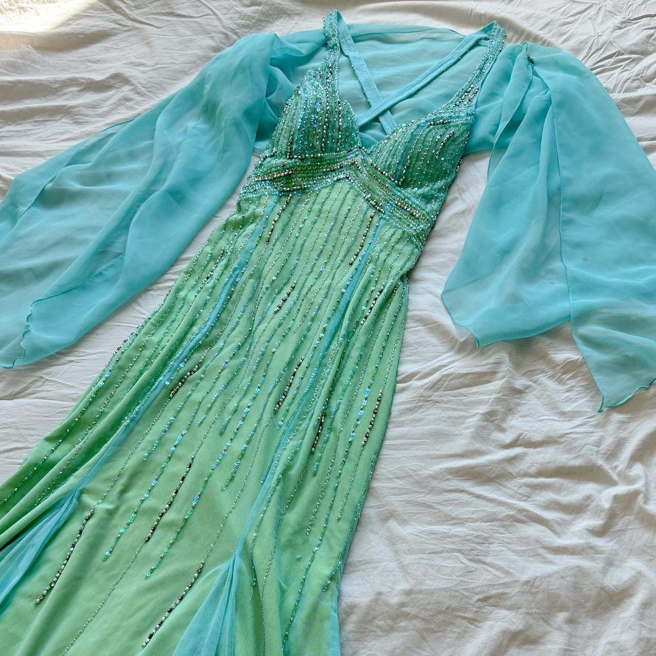 Green Blue Vintage Beads Rhinestones Women's Tulle Mermaid Slim Fit Long Prom Dress Vintage Backless Stunning Formal Ball Gown Evening Dress gh4589