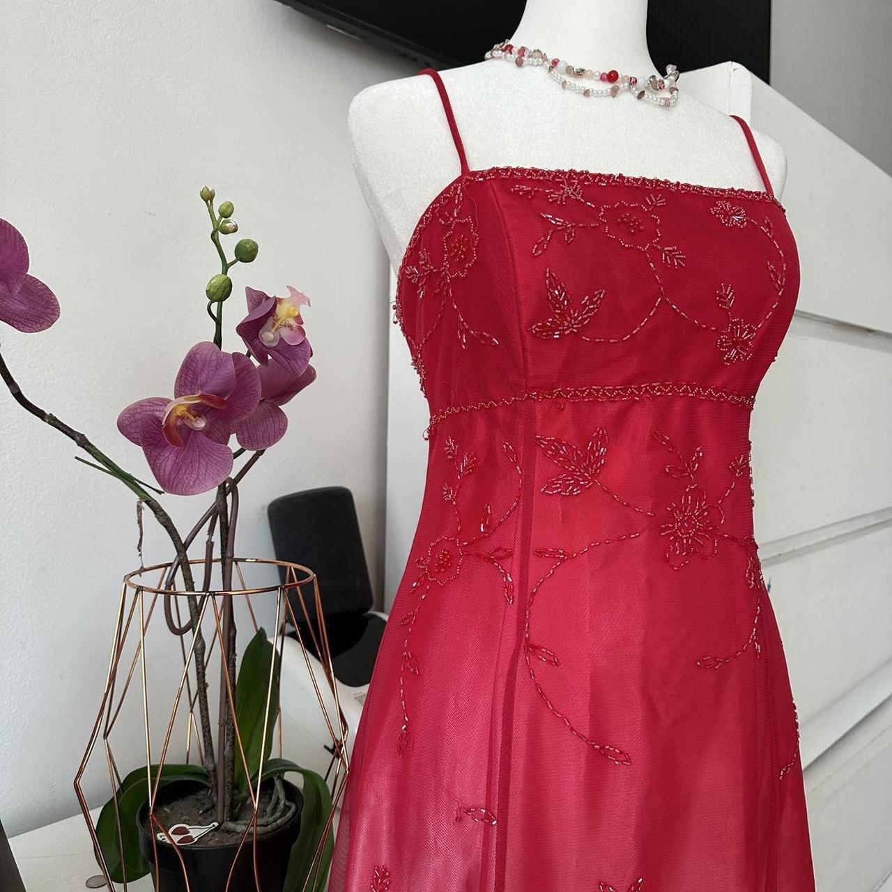 Red Pink Gradient Retro Shiny Fashion Stunning Elegant Delicate Floral Beaded Backless Lace Up Long Tulle Formal Prom Dress Evening Gown Birthday Party Gown Prom Gown Graduation Gown gh3887