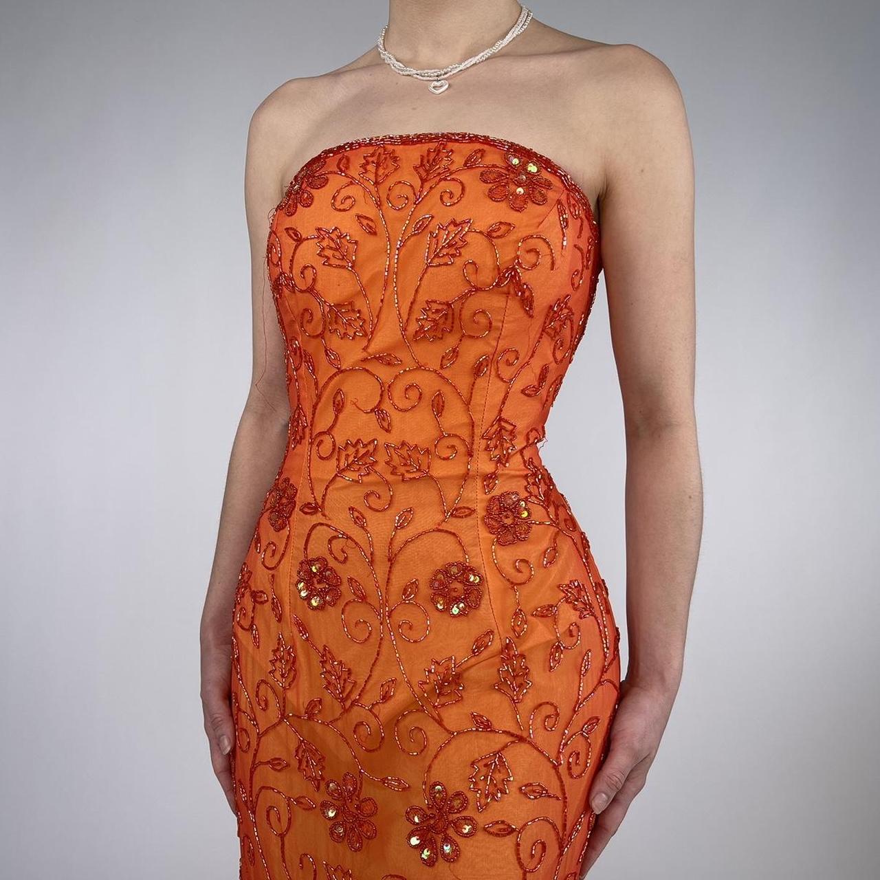 Beautiful Rare Vintage Orange Delicate Floral Sequin Beaded Backless Long Tulle Chiffon Ball Gown Evening Dress Prom Dress Birthday Party Dress gh3806