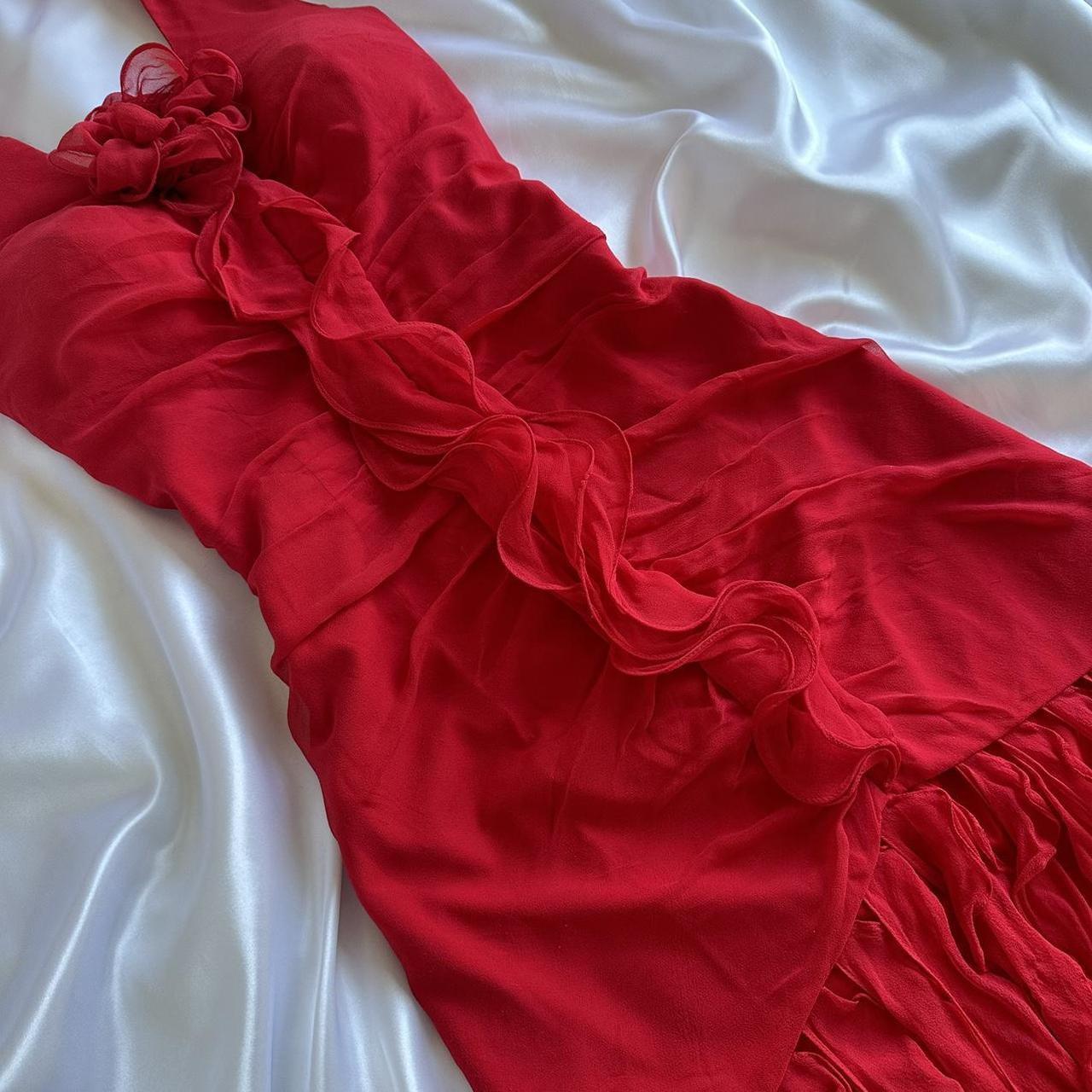 Red beautiful fashion unique elegant floral sling long chiffon tassel ruffle prom dress evening dress party dress gh3561
