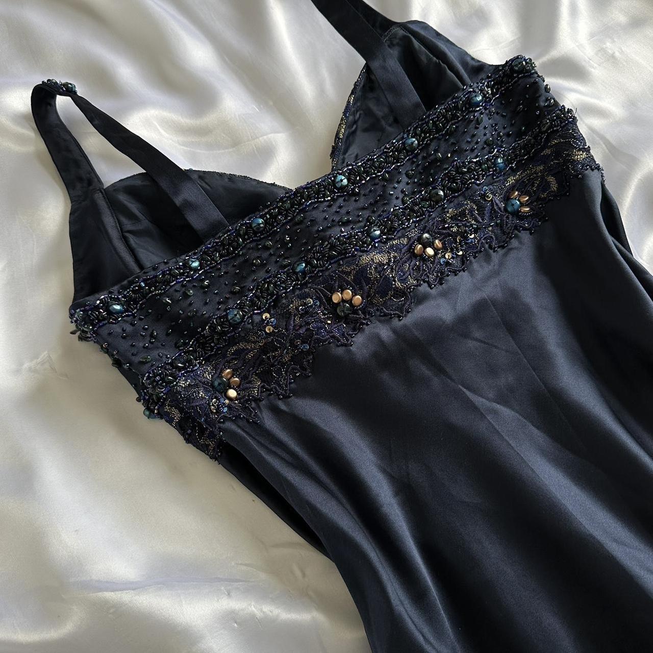 Dark Fairy Retro Navy Blue Fashion Elegant Beautiful Exquisite Gemstone Beaded Mid-Length Chiffon Ruffles Handmade Custom Prom Dress Evening Dress Party Dress Prom Dress gh3750