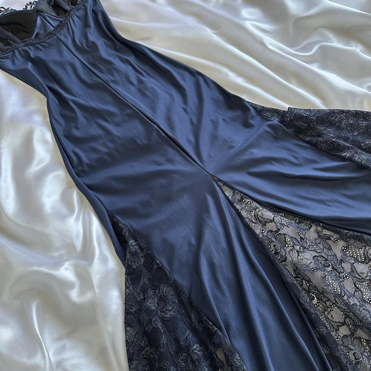 Blue gorgeous exquisite applique lace spaghetti straps long satin prom dress evening dress party dress gh3335