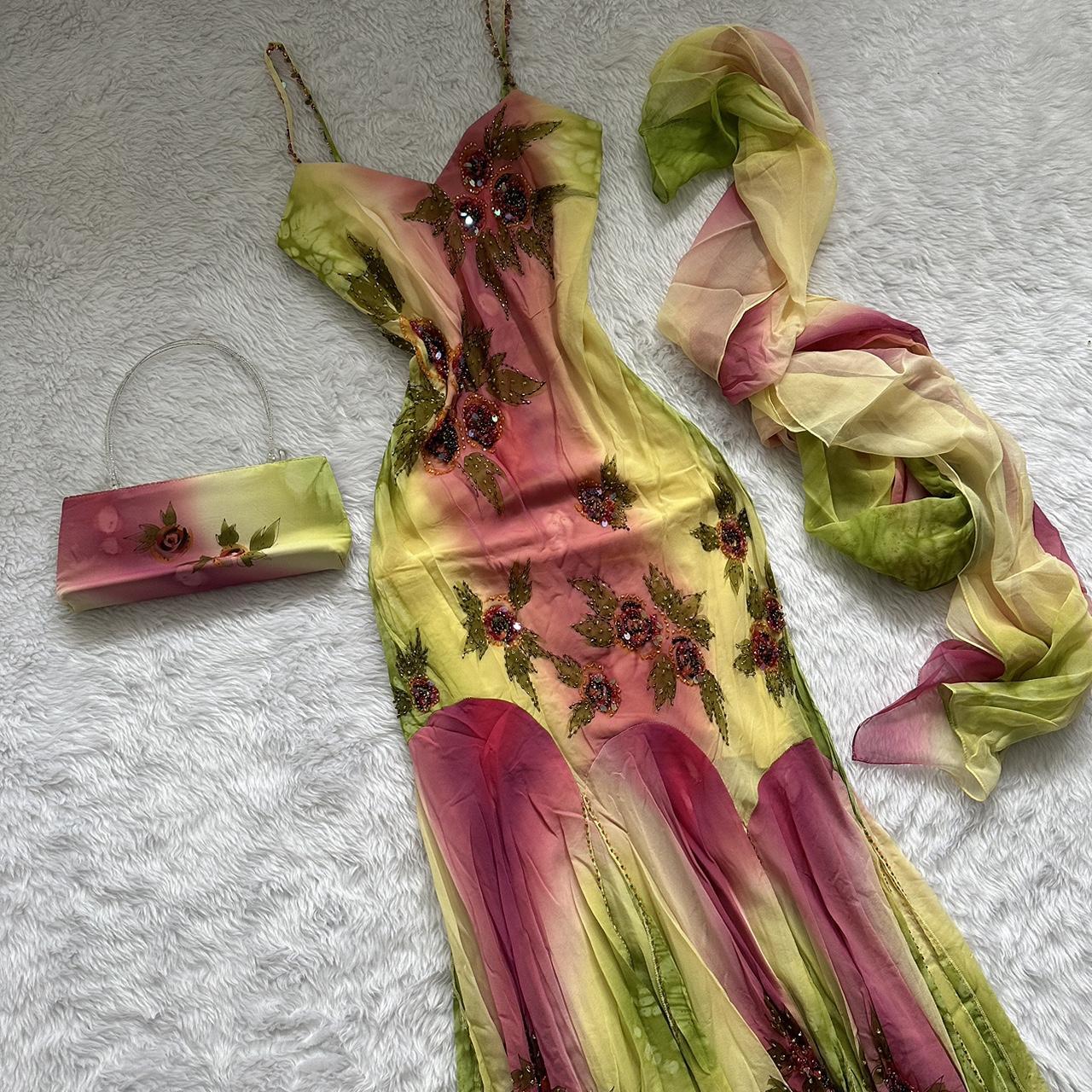 Pink Green Gradient Fashion Elegant Exquisite Beaded Spaghetti Strap Chiffon Long Ruffled Ball Gown Evening Dress Party Dress Prom Dress gh3620