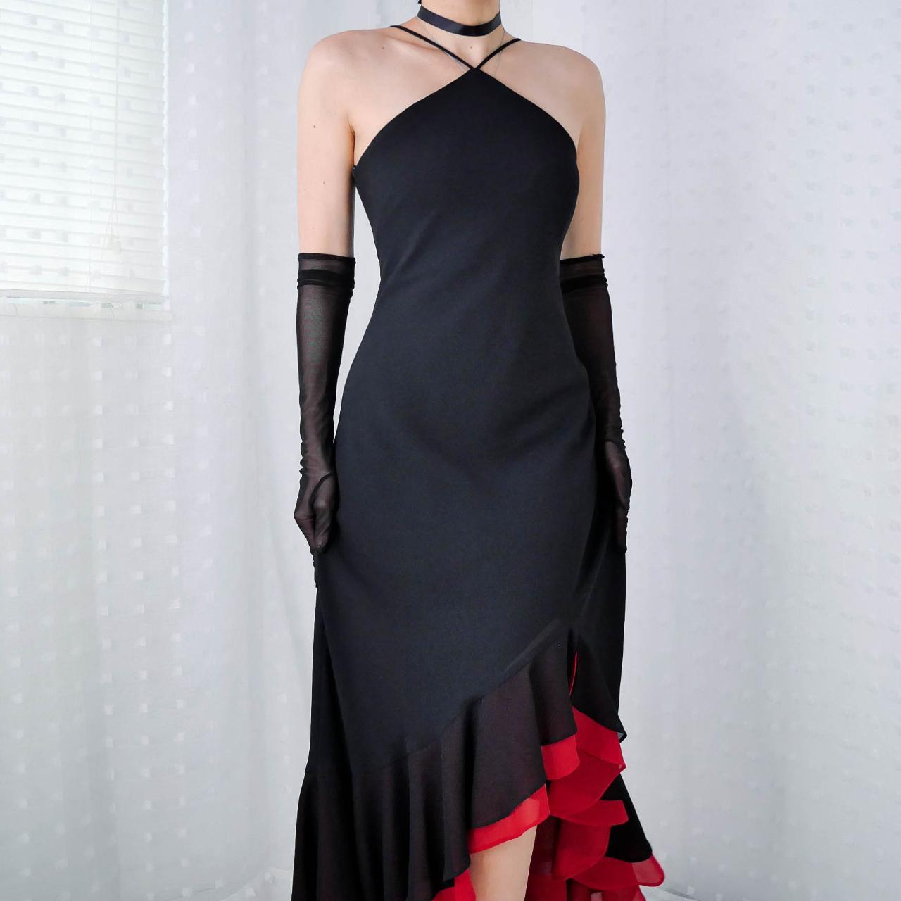 __Black and red vintage ruffled long chiffon tulle gothic homecoming prom dress party dress evening dress gh4295