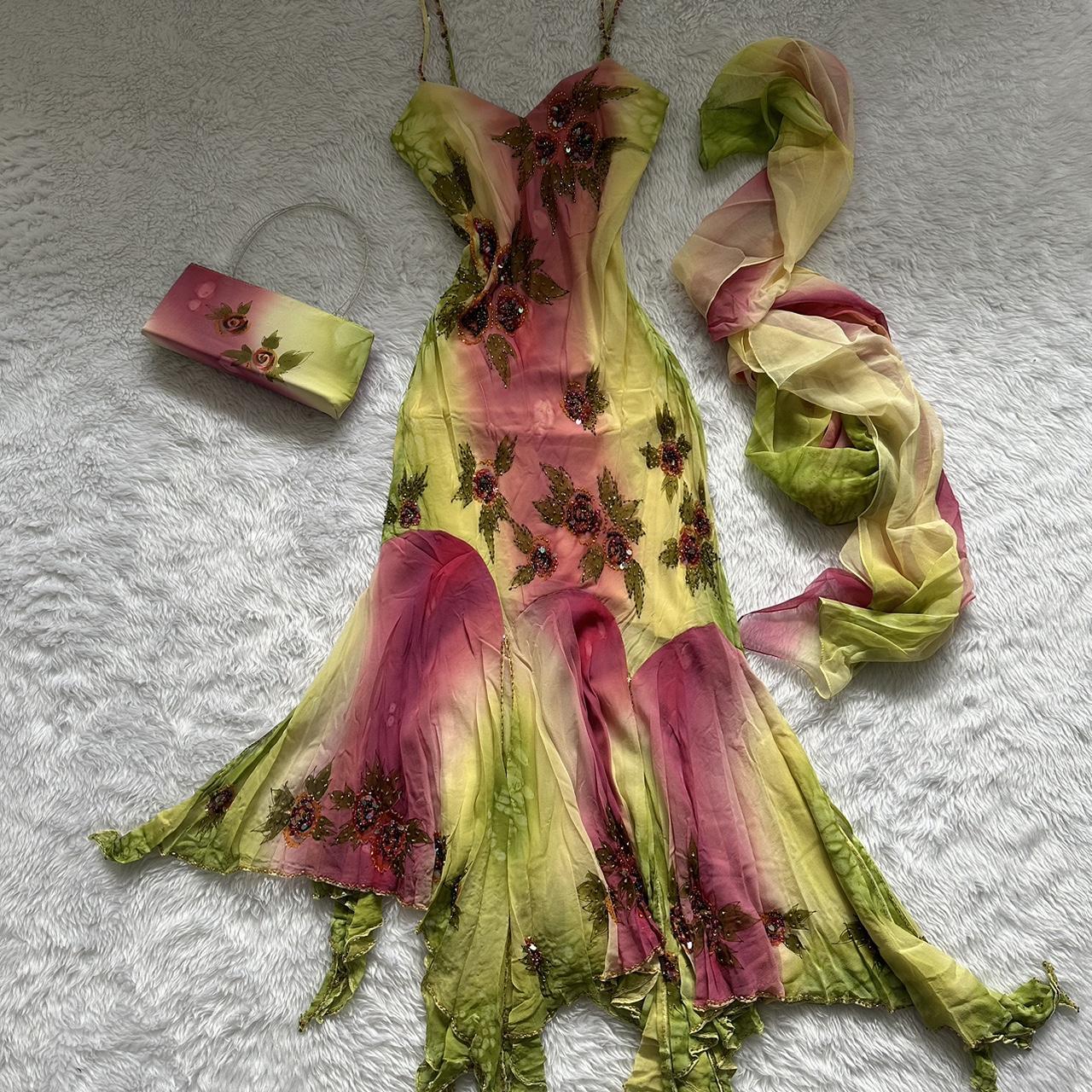 Pink Green Gradient Fashion Elegant Exquisite Beaded Spaghetti Strap Chiffon Long Ruffled Ball Gown Evening Dress Party Dress Prom Dress gh3620