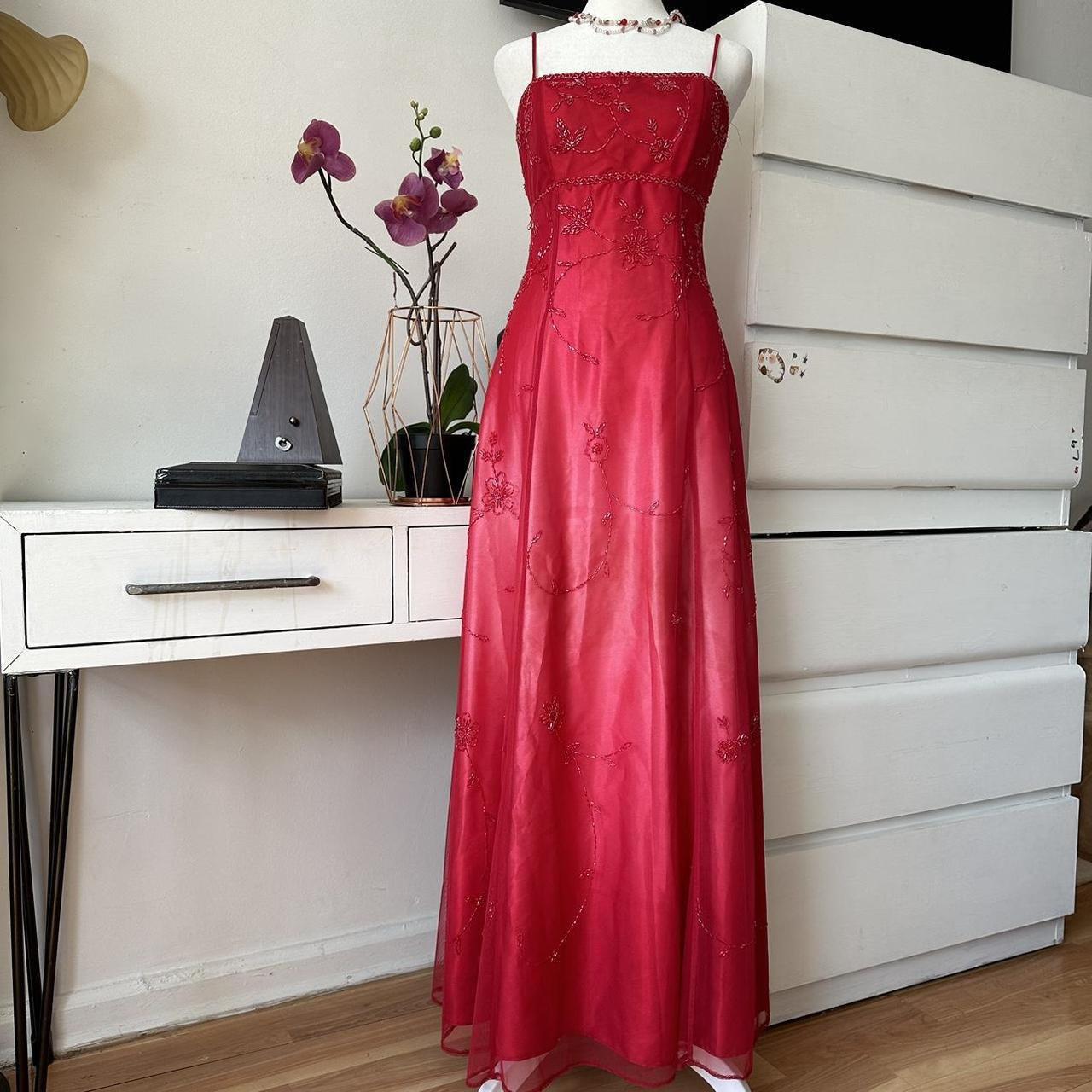 Red Pink Gradient Retro Shiny Fashion Stunning Elegant Delicate Floral Beaded Backless Lace Up Long Tulle Formal Prom Dress Evening Gown Birthday Party Gown Prom Gown Graduation Gown gh3887