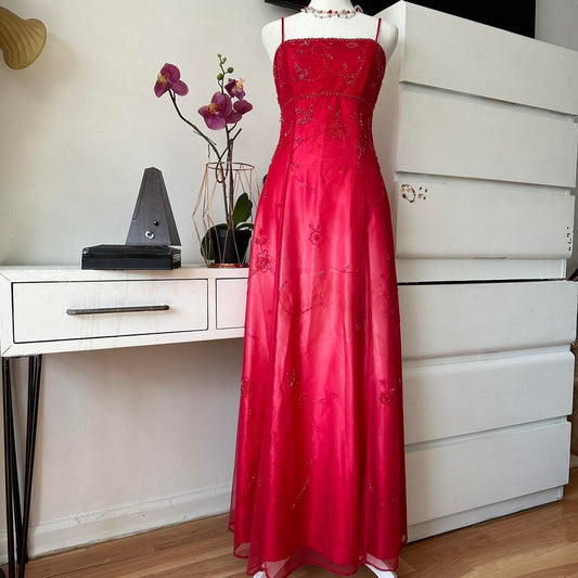Red Pink Gradient Retro Shiny Fashion Stunning Elegant Delicate Floral Beaded Backless Lace Up Long Tulle Formal Prom Dress Evening Gown Birthday Party Gown Prom Gown Graduation Gown gh3887