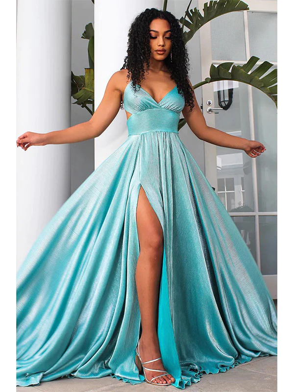 Sexy A line Backless Blue Slit Long Prom Dresses P1003