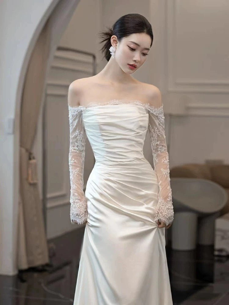 Vintage Mermaid Strapless Long Sleeves White Wedding Dresses P1062