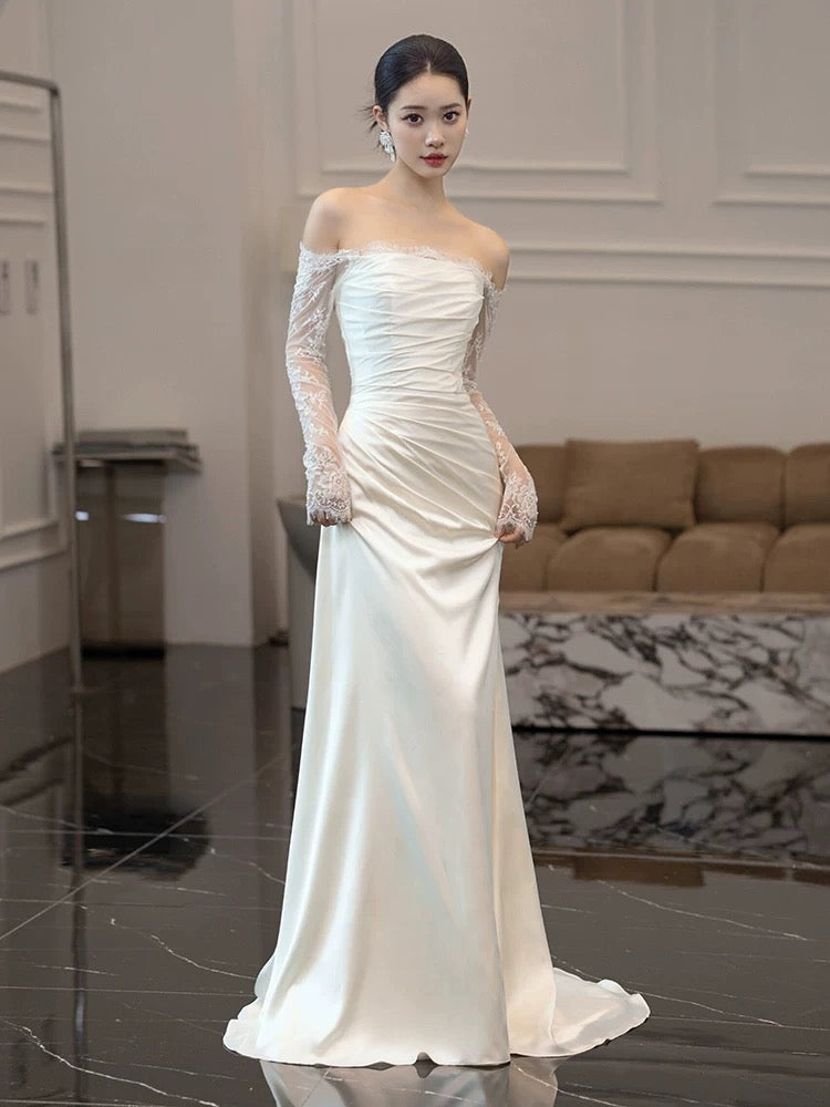 Vintage Mermaid Strapless Long Sleeves White Wedding Dresses P1062