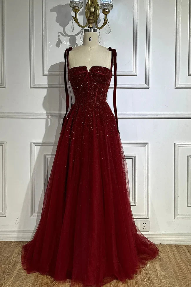 Burgundy Prom Dresses A line Straps Tulle Evening Dresses P1081