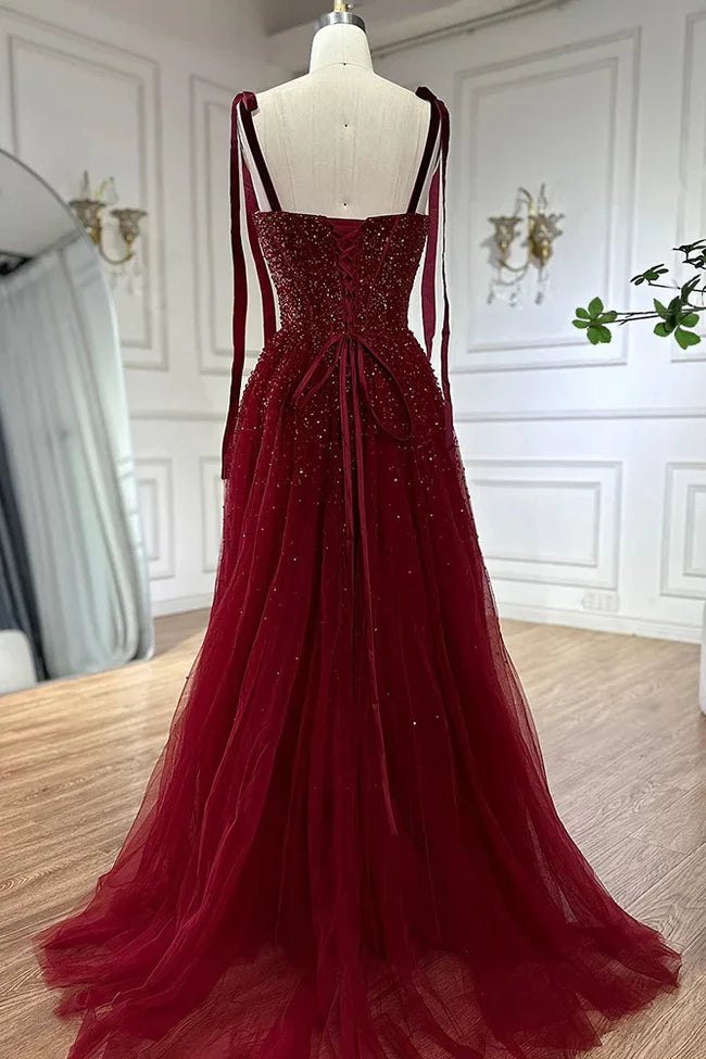 Burgundy Prom Dresses A line Straps Tulle Evening Dresses P1081