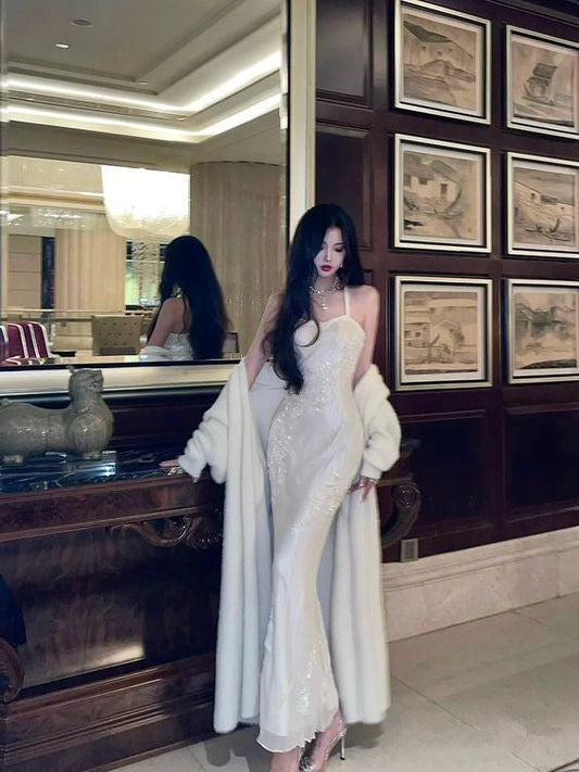 Mermaid Straps Sequin White Prom Dresses Formal Evening Dress P1103