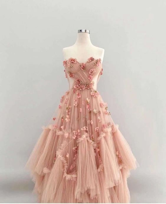 Ball Gown Pink Sweetheart Floor Length Sleeveless Lace Prom Dress P1175