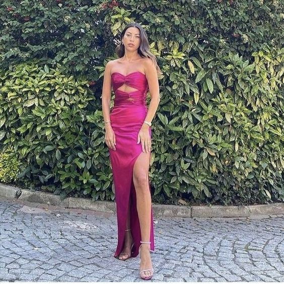 Sheath Strapless Hot Pink Floor Length Sleeveless Prom Dress P1184