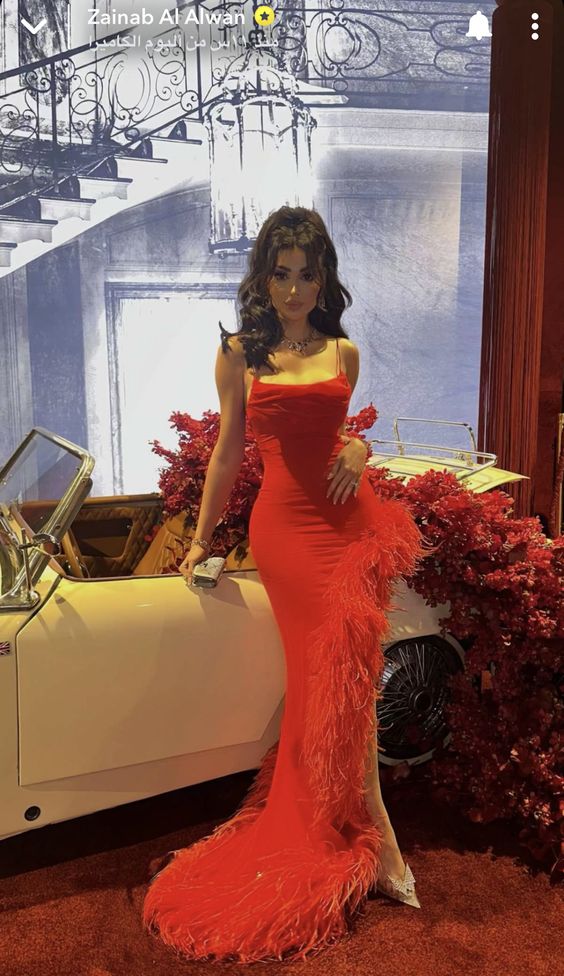 Sexy Mermaid Straps Sleeveless Long Red Prom Dress With Feather P1204