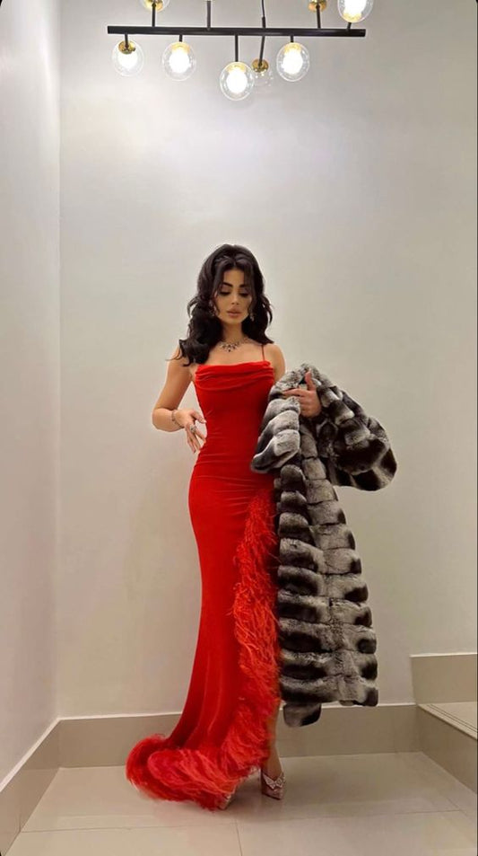 Sexy Mermaid Straps Sleeveless Long Red Prom Dress With Feather P1204