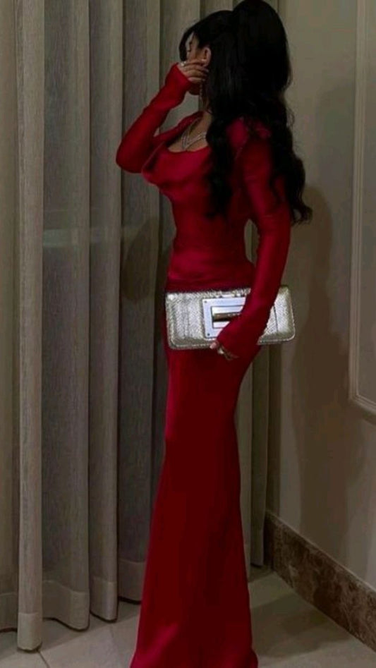 Sexy Mermaid Long Sleeves Red Prom Dresses P1206
