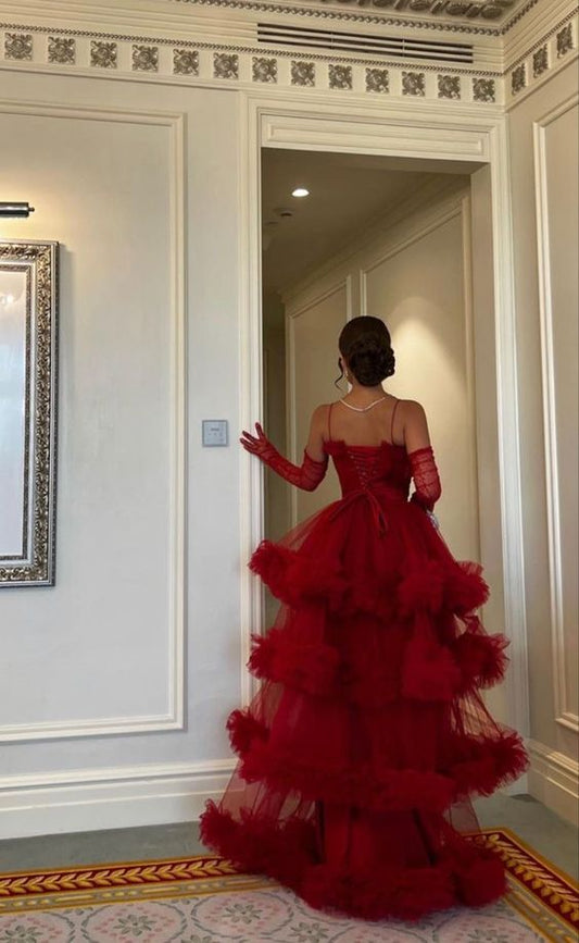 Sexy Ball Gown Long Straps Red Tulle Prom Dresses P1208