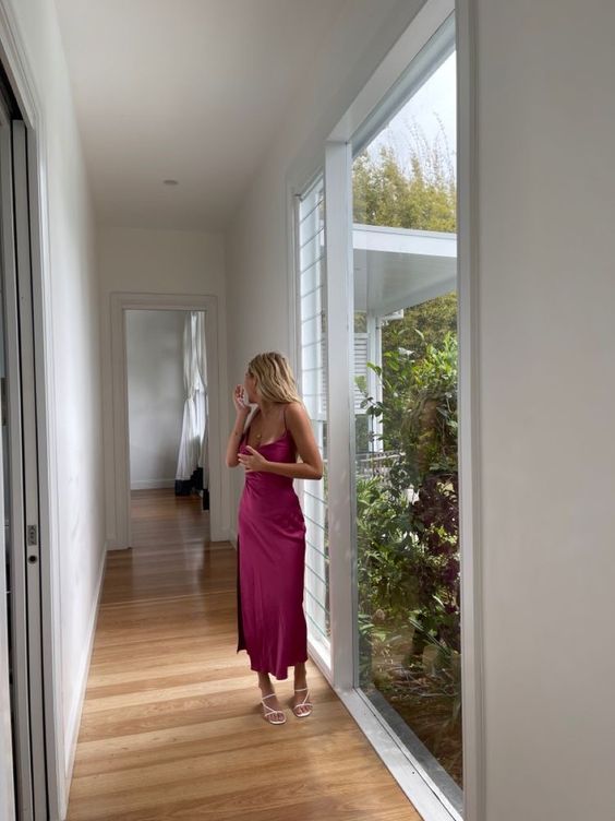 Sexy Sheath Straps Silk Satin Slit Prom Dresses P1220