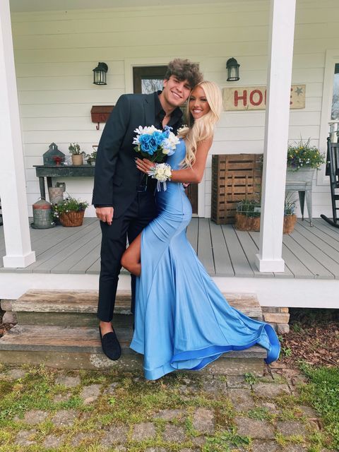Modest Sheath Long Satin Blue Slit Prom Dresses P1241