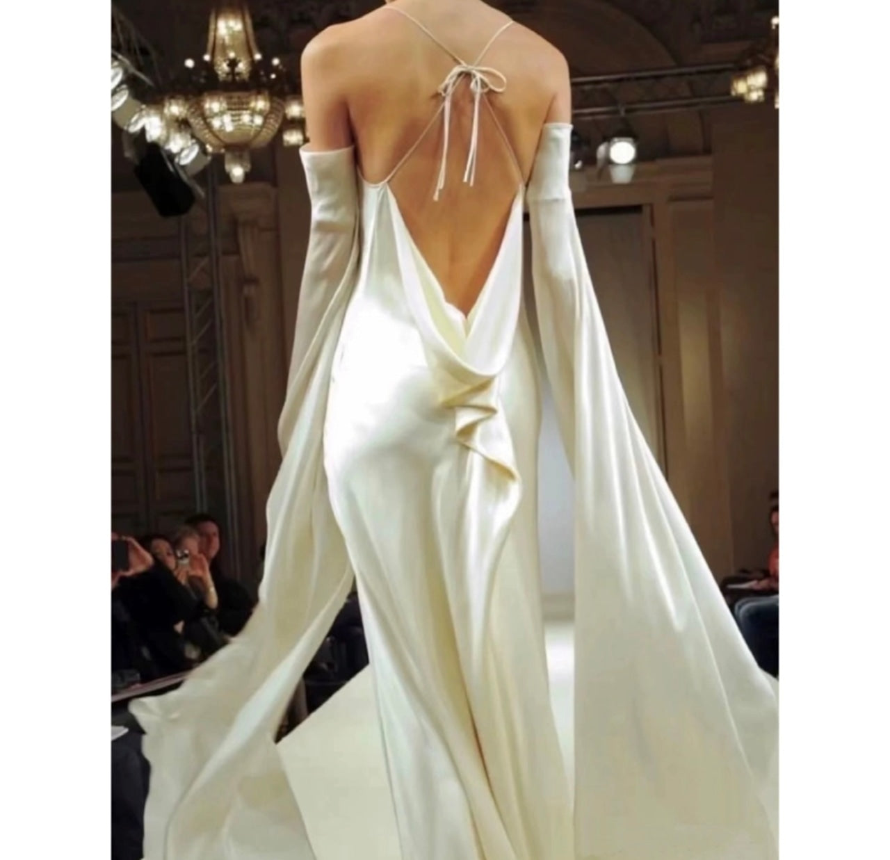 Vintage A line Strapless Long Sleeves White Silk Satin Backless Wedding Dresses P1278