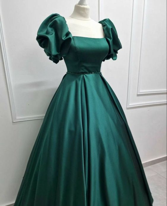Elegant A line Square Neckline Wedding Guest Floor Length Green Prom Dress P1290