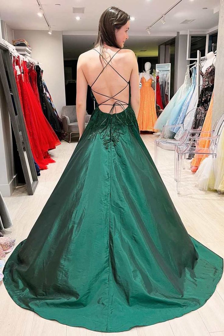 Elegant A line Floral Appliques Lace-Up A-Line Dark Green Prom Dresses P1296
