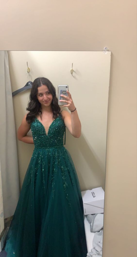 A Line Straps Dark Green Prom Dresses Appliqued Beaded Formal Dress P1300