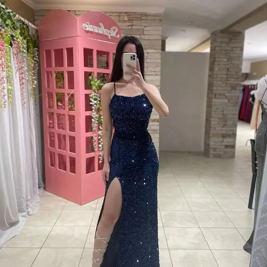 Glitter Sheath/Column Navy Blue Prom Dress with Split P1403