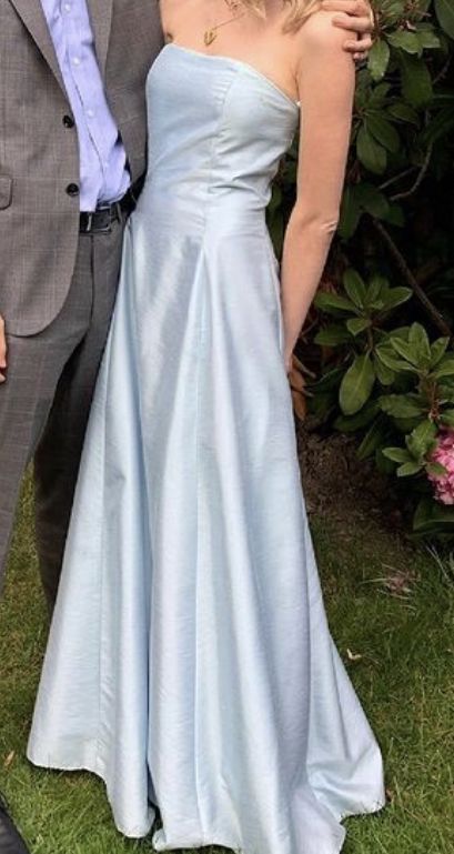 Modest A Line Strapless Long Light Sky Blue Satin Prom Dress P1431