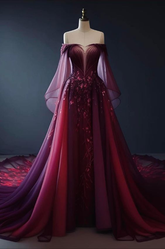 Vintage A Line Off The Shoulder Tulle Burgundy Prom Dress P1464