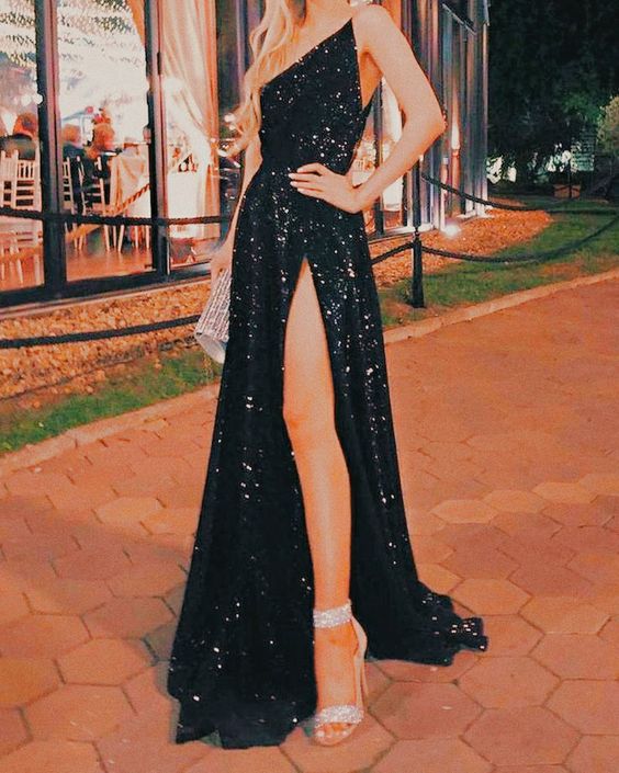 Sexy A line One Shoulder Floor Length Black Sequin Prom Dresses P1478