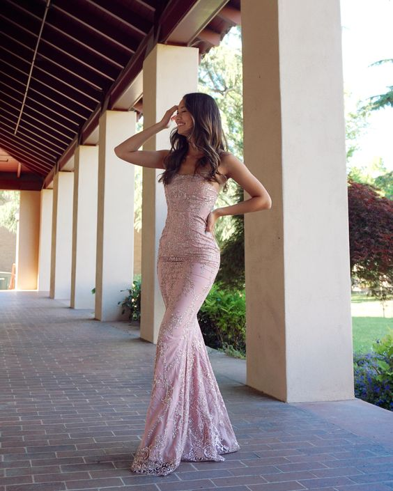 Mermaid Spaghetti Straps Sleeveless Pink Lace Prom Dress P1492