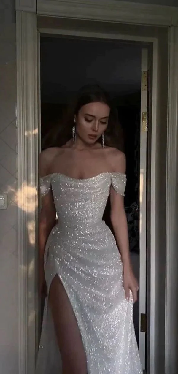 Sparkly Sequins Off Shoulder Side Slit Prom Dress P1496