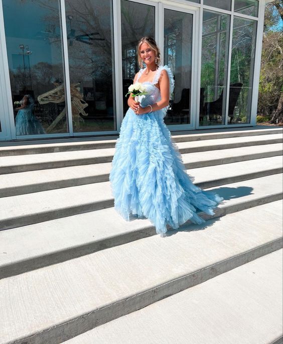 Sky Blue New Style Long Prom Dress Puffy Sleeveless Party Dresses P1593